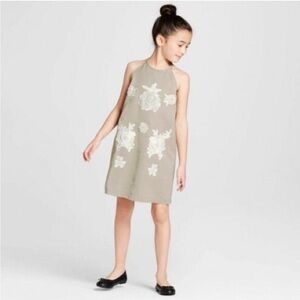 NWT Khaki Sage Mist Floral Lace Appliqué Dress Girls Medium New Victoria Beckham